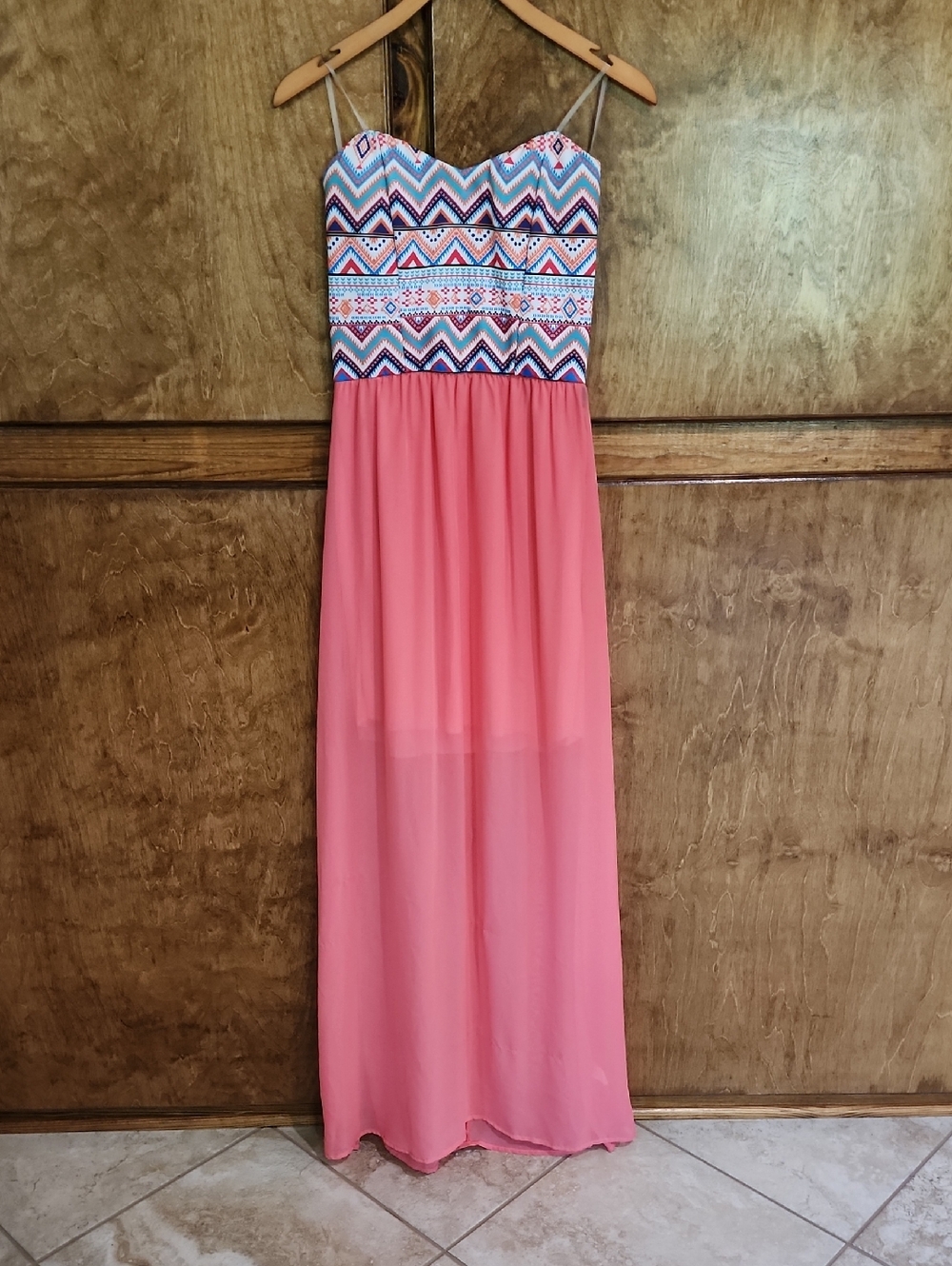Auditions Coral Maxi Dress with Patterned Chevron Bodice